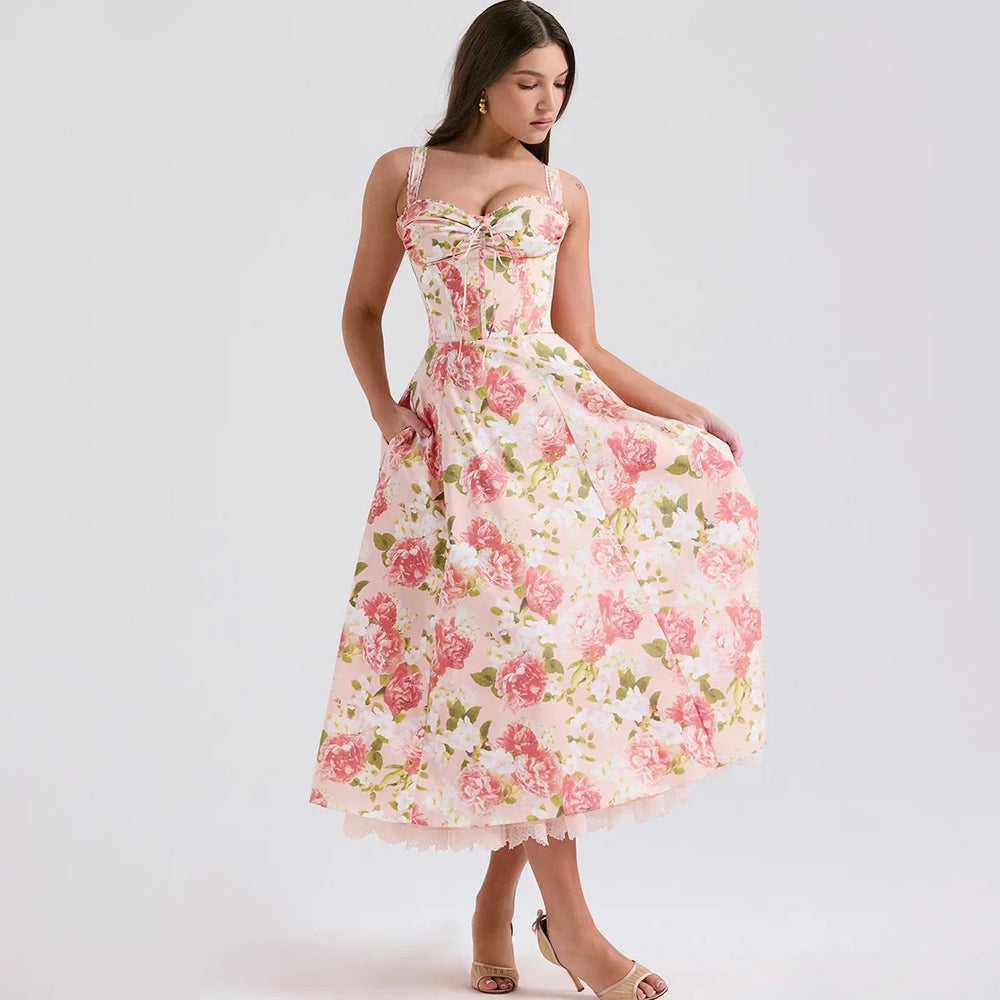 Roselisse Rose Print Corset Midi Dress with Wide Straps for Women - gallery