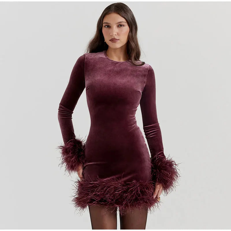 Feather-Trimmed Long-Sleeve Sheath Dress in Black