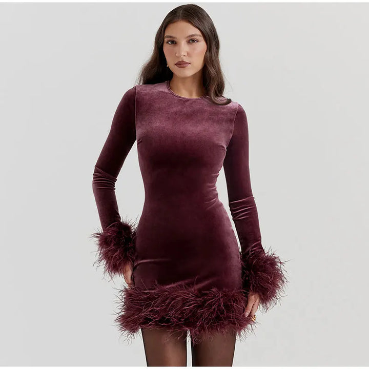 Feather-Trimmed Long-Sleeve Sheath Dress in Black
