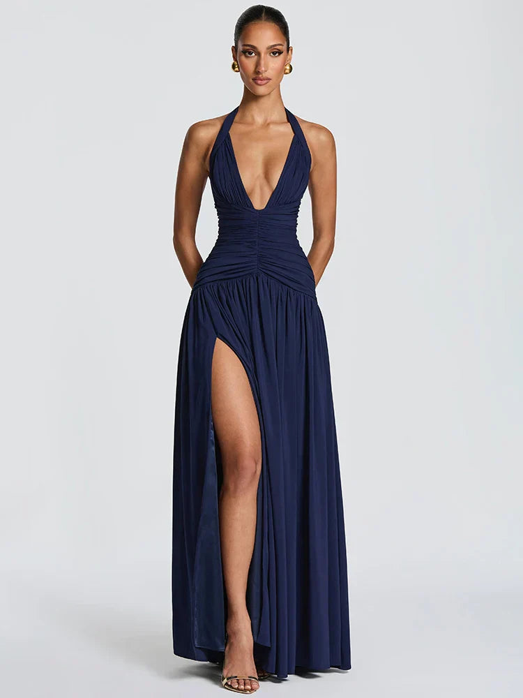 Elira Halter Neck Maxi Dress – Deep V Backless Evening Gown, Ruched High... — Navy Blue