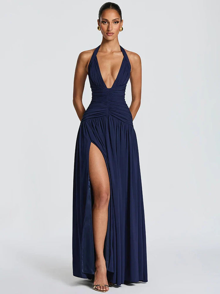 Elira Halter Neck Maxi Dress – Deep V Backless Evening Gown, Ruched High... — Navy Blue