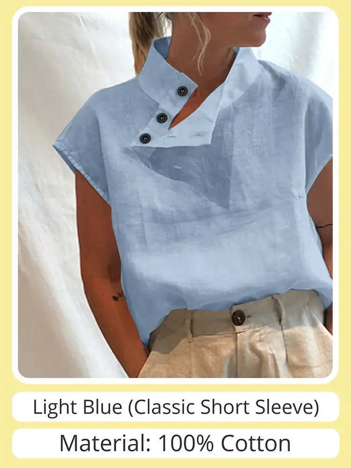 Stylish Cotton Linen Summer Blouse for Women - Light Blue