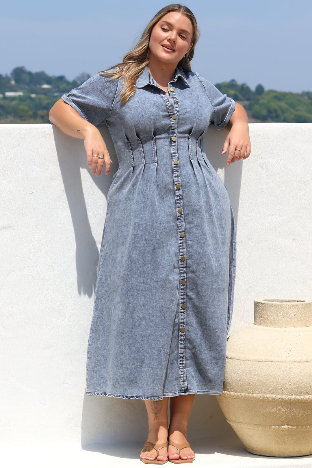 Sharlan Midi Dress - A-Line Button Detailed Denim Dress in Mid Denim Wash — gallery