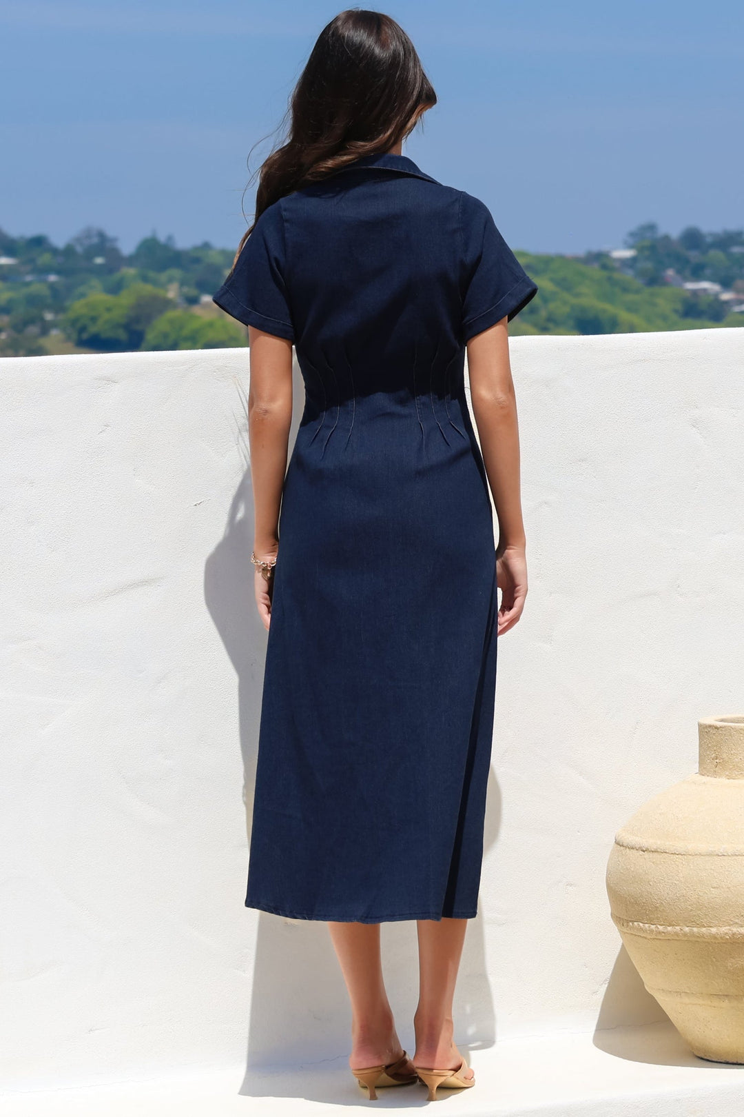 Sharlan Midi Dress - A-Line Button Detailed Denim Dress in Dark Denim — gallery