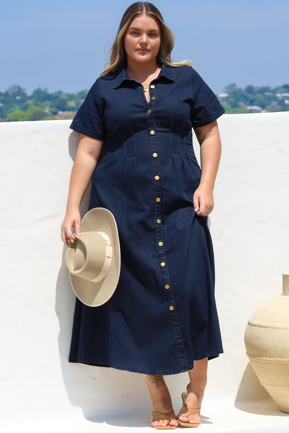 Sharlan Midi Dress - A-Line Button Detailed Denim Dress in Dark Denim — gallery