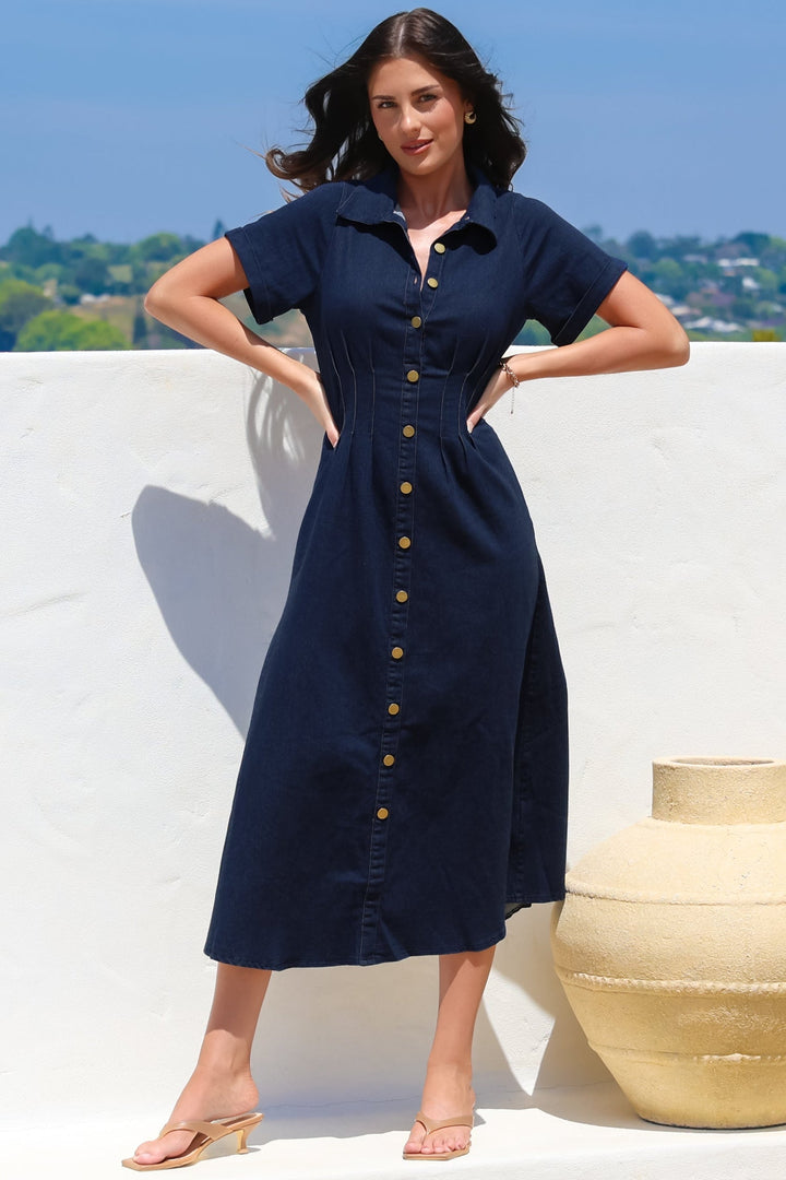 Sharlan Midi Dress - A-Line Button Detailed Denim Dress in Dark Denim — gallery