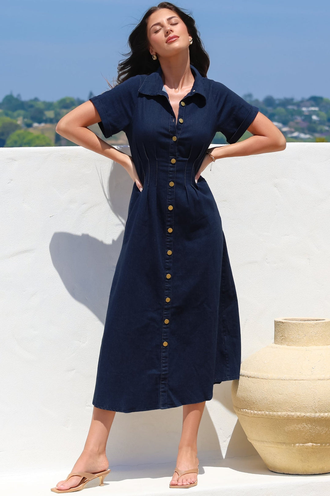 Sharlan Midi Dress - A-Line Button Detailed Denim Dress in Dark Denim — gallery