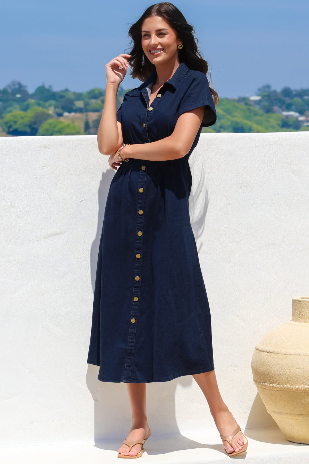 Sharlan Midi Dress - A-Line Button Detailed Denim Dress in Dark Denim — gallery
