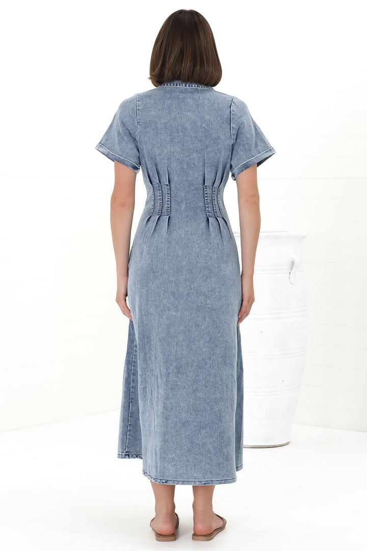 Sharlan Midi Dress - A-Line Button Detailed Denim Dress in Mid Denim Wash — gallery
