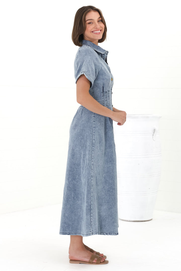 Sharlan Midi Dress - A-Line Button Detailed Denim Dress in Mid Denim Wash — gallery