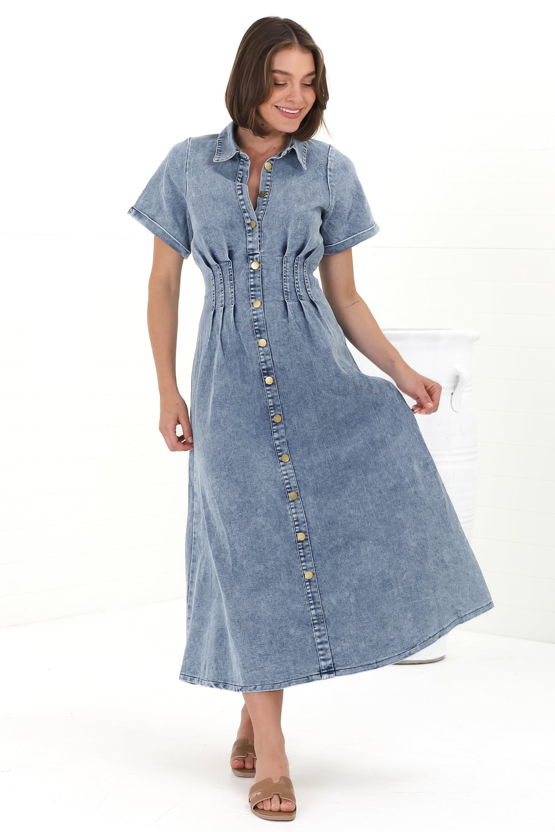 Sharlan Midi Dress - A-Line Button Detailed Denim Dress in Mid Denim Wash — gallery