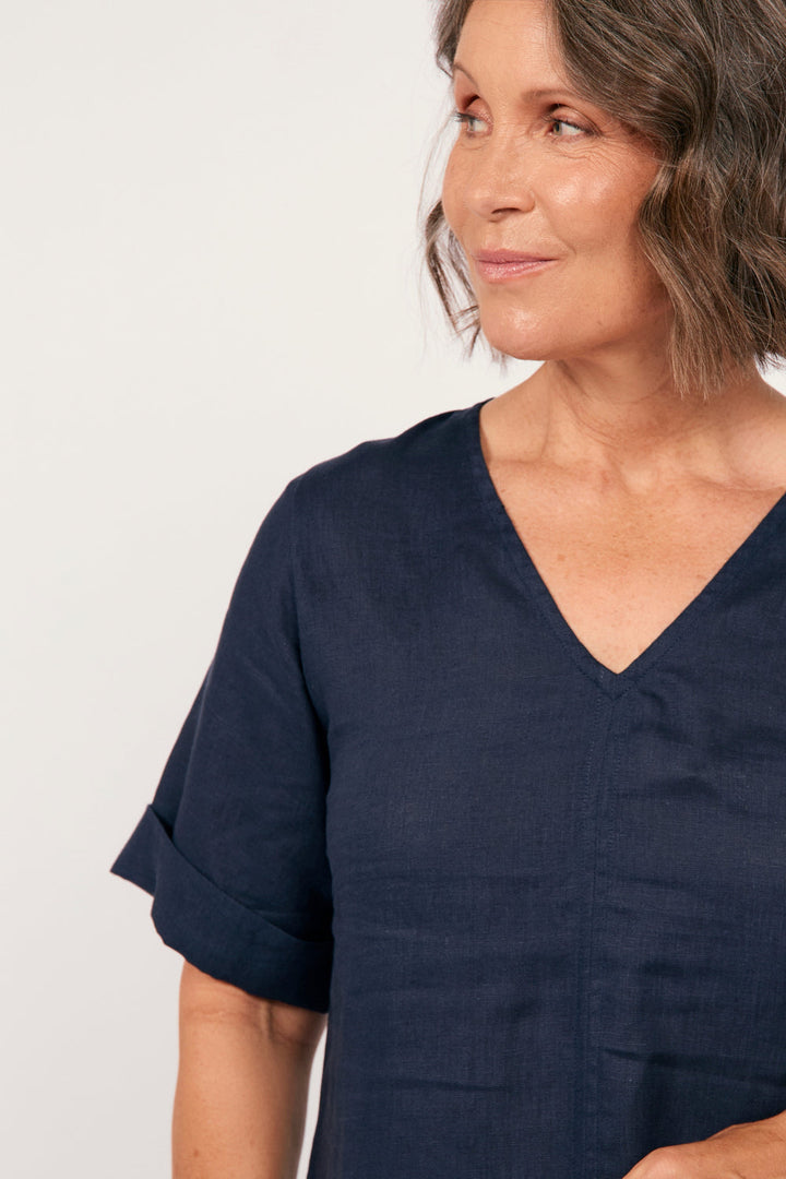 Tamara Linen V-Neck Dress in Navy — gallery