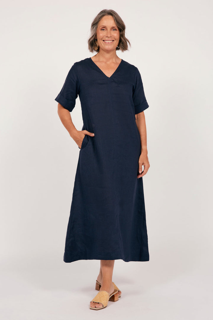 Tamara Linen V-Neck Dress in Navy — gallery