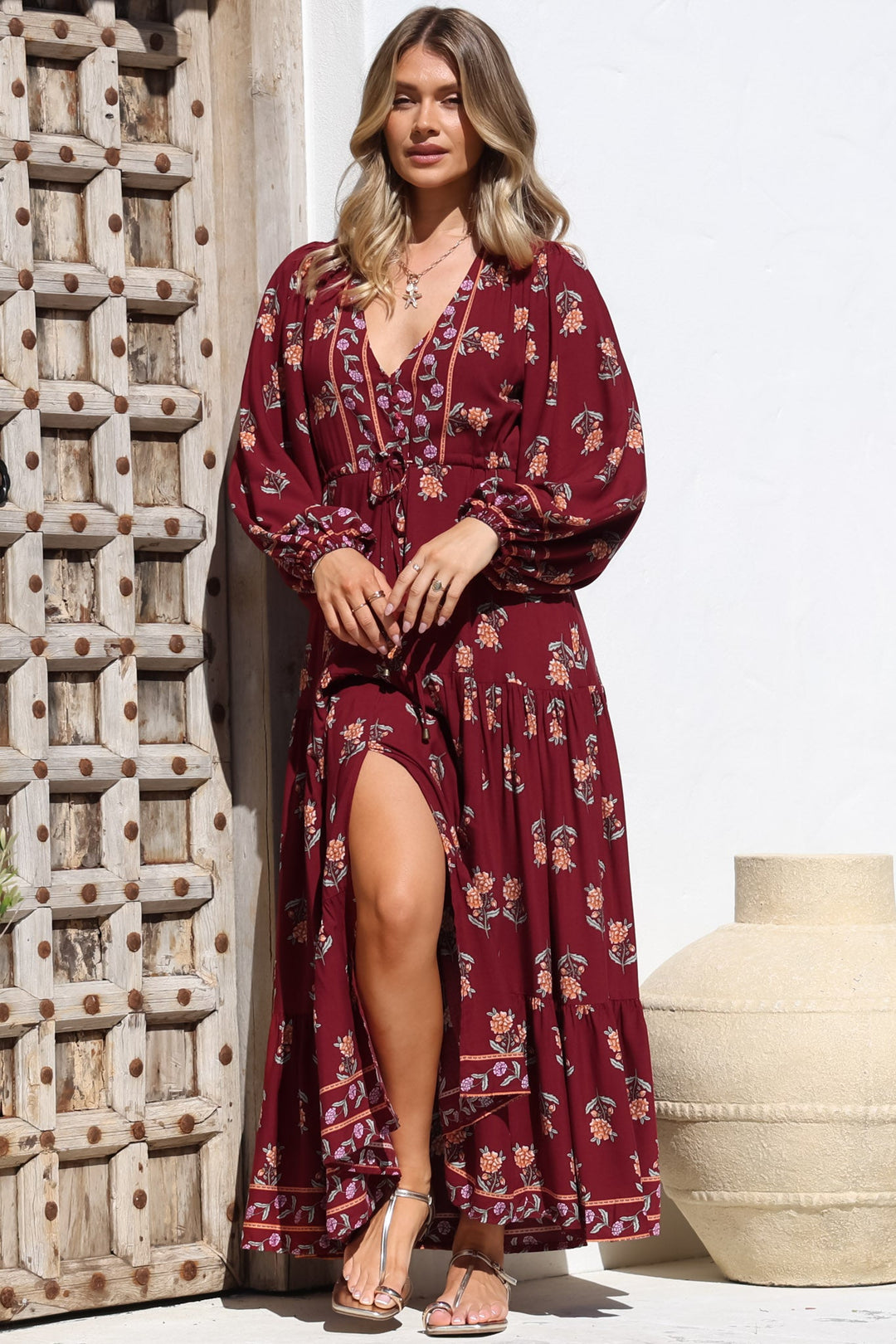 JAASE - Teresa Maxi Dress: A Line Dress with Long Balloon Sleeves in Gre... — gallery