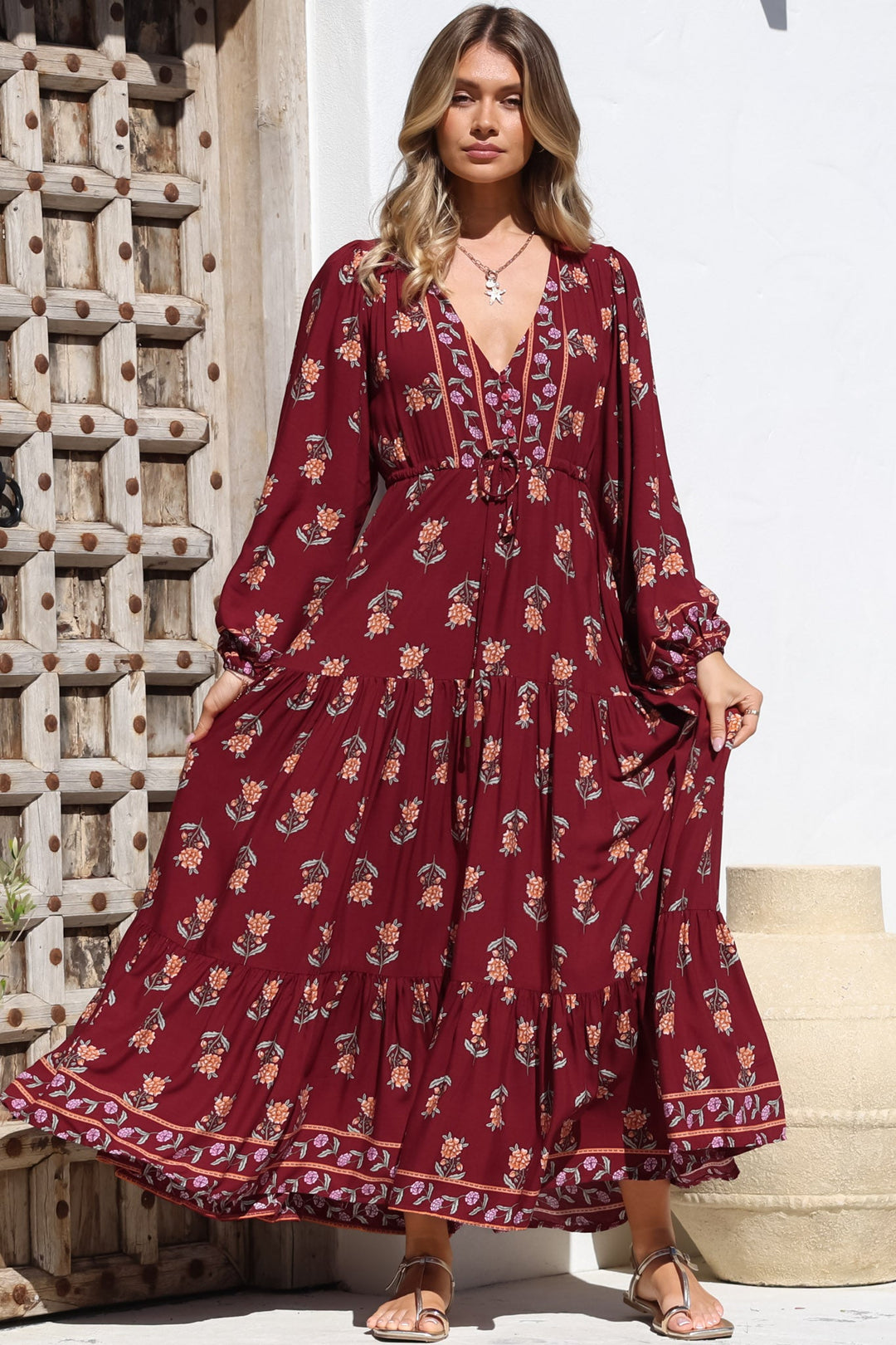 JAASE - Teresa Maxi Dress: A Line Dress with Long Balloon Sleeves in Gre... — gallery