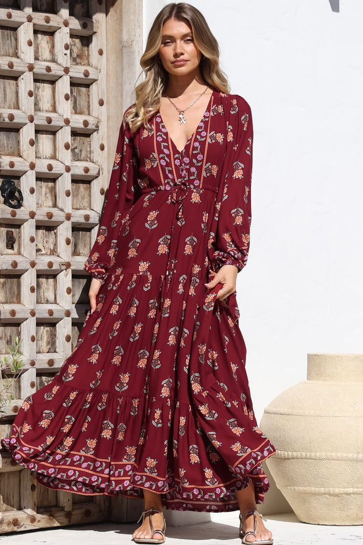 JAASE - Teresa Maxi Dress: A Line Dress with Long Balloon Sleeves in Gre... — gallery