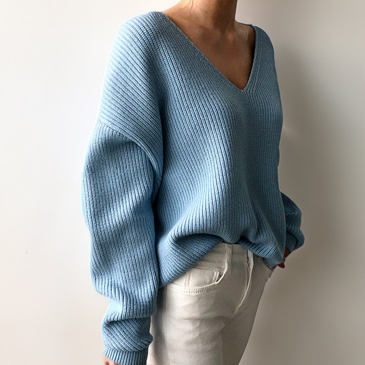 Balloon-Sleeve V-Neck Knit Pullover in Relaxed Fit