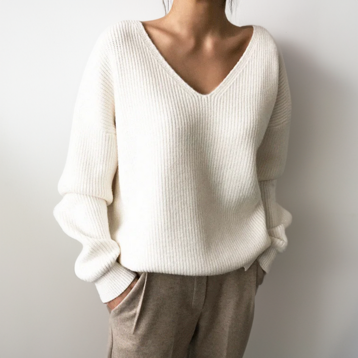 Balloon-Sleeve V-Neck Knit Pullover in Relaxed Fit