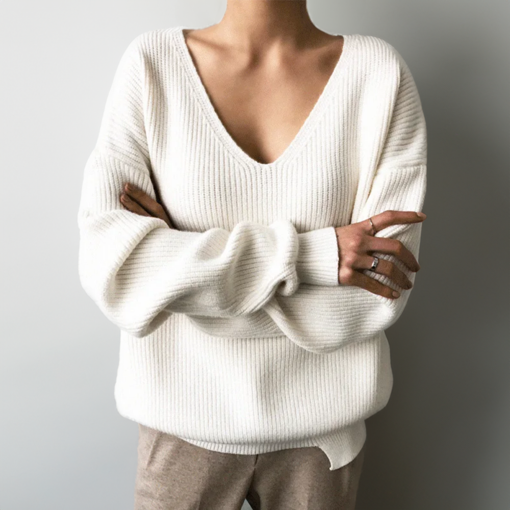 Balloon-Sleeve V-Neck Knit Pullover in Relaxed Fit