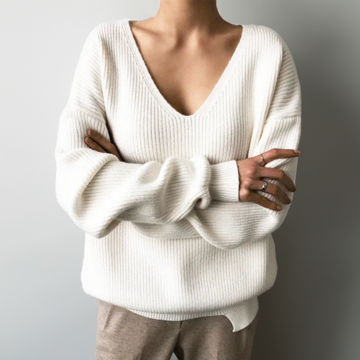Balloon-Sleeve V-Neck Knit Pullover in Relaxed Fit