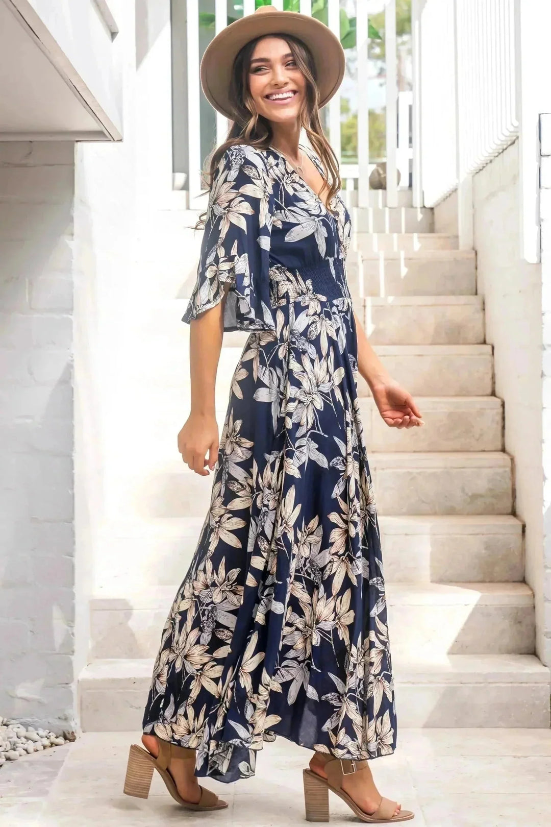 Frigg Maxi Dress - Buttoned Bodice A Line Dress With Flute Sleeves In Navy — gallery