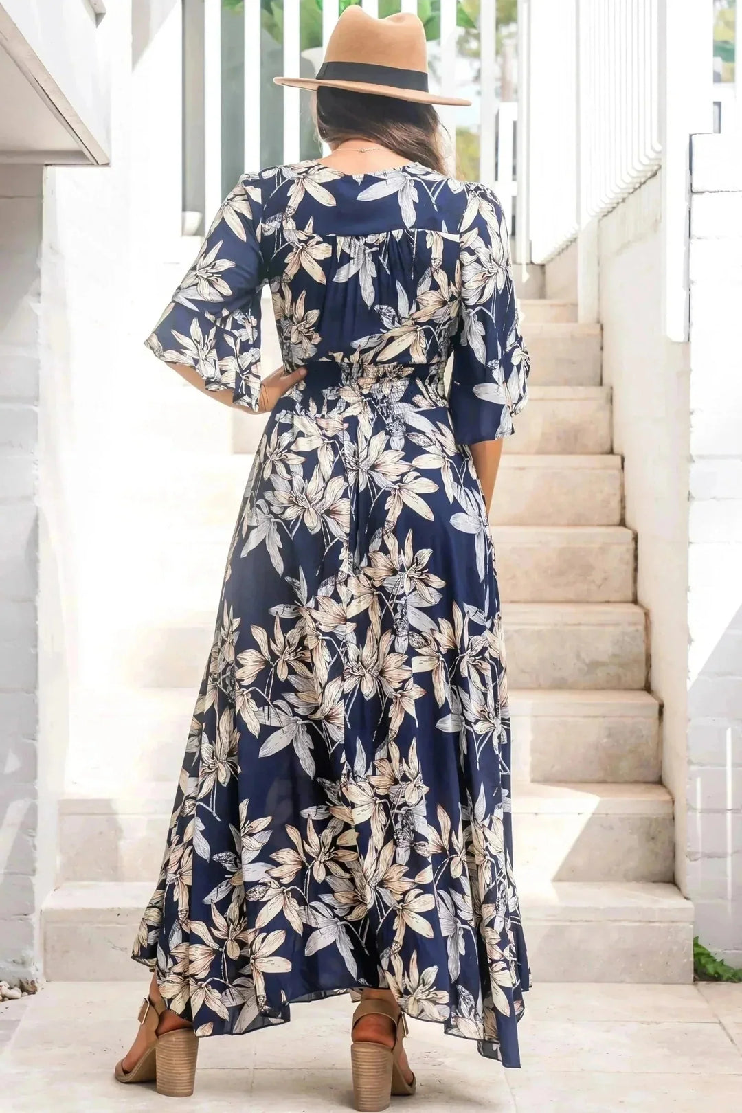 Frigg Maxi Dress - Buttoned Bodice A Line Dress With Flute Sleeves In Navy — gallery