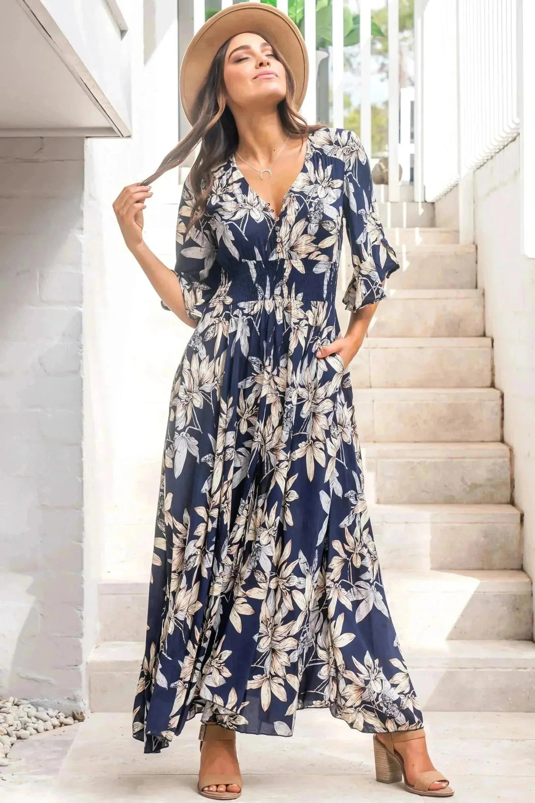 Frigg Maxi Dress - Buttoned Bodice A Line Dress With Flute Sleeves In Navy — gallery