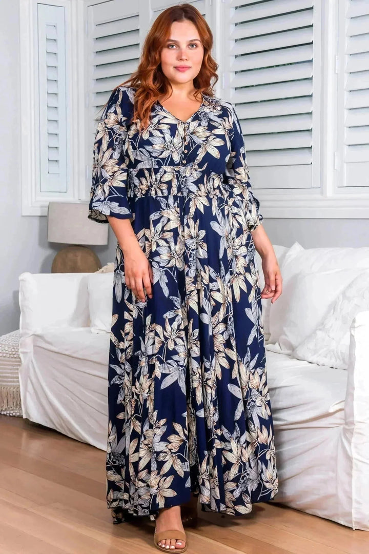 Frigg Maxi Dress - Buttoned Bodice A Line Dress With Flute Sleeves In Navy — gallery