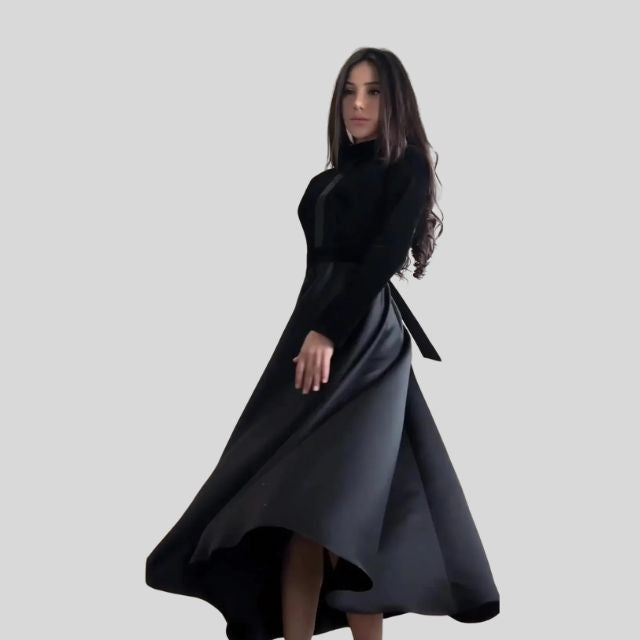 Floor-Length Velvet Turtleneck Dress with Flared Hem