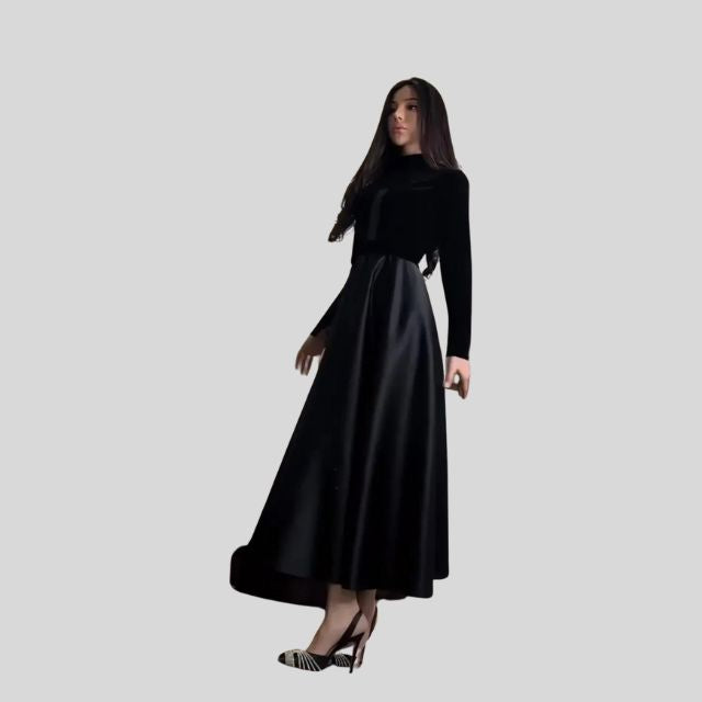 Floor-Length Velvet Turtleneck Dress with Flared Hem