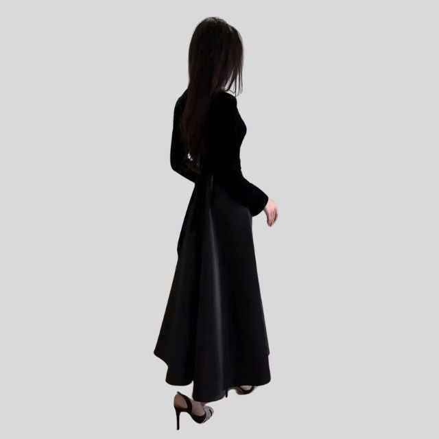 Floor-Length Velvet Turtleneck Dress with Flared Hem