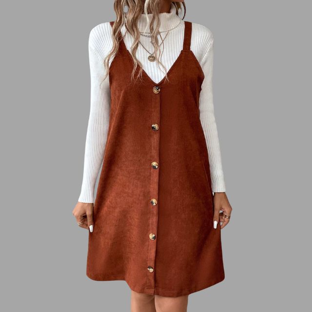 V-Neck Corduroy Dress with Strap and Button Details
