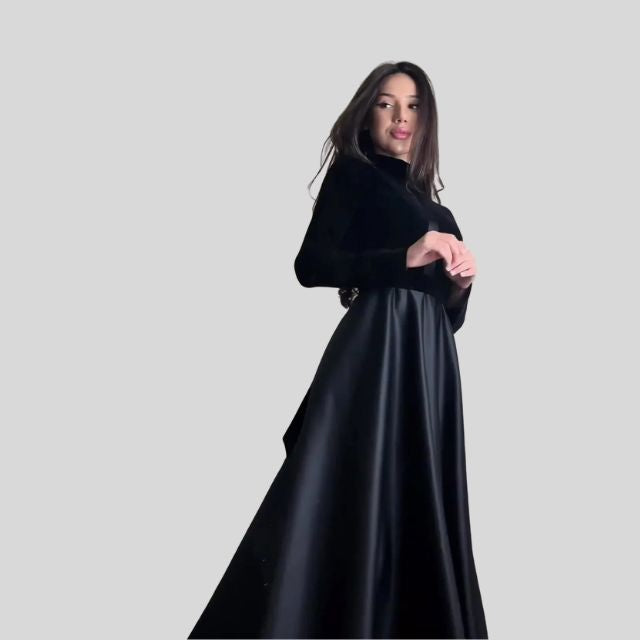 Floor-Length Velvet Turtleneck Dress with Flared Hem