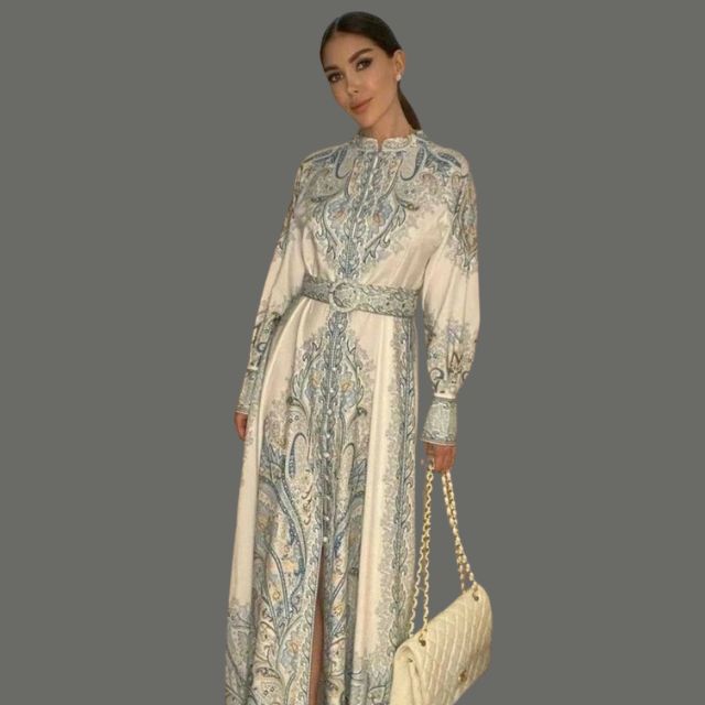 Floral Print A-Line Dress with Folded Collar and Belt