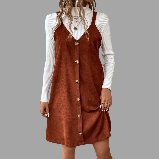 V-Neck Corduroy Dress with Strap and Button Details