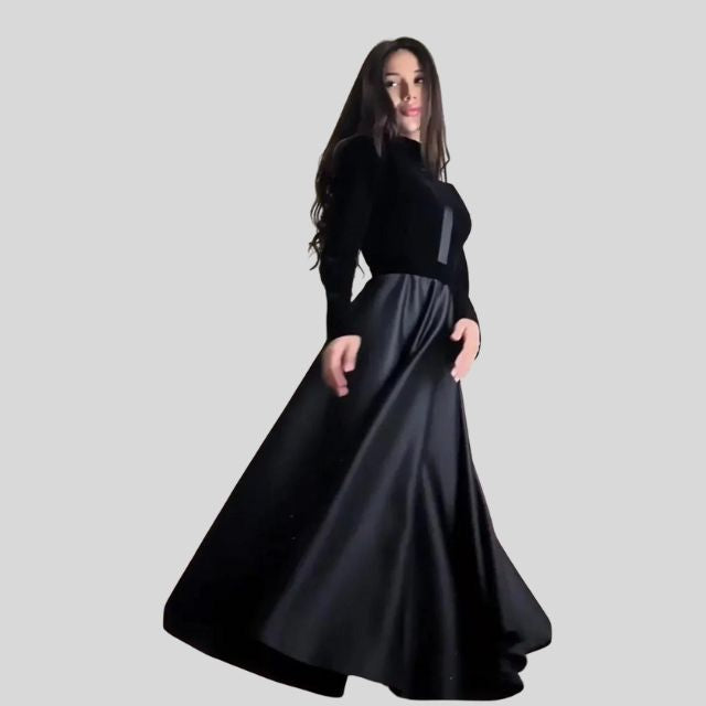 Floor-Length Velvet Turtleneck Dress with Flared Hem