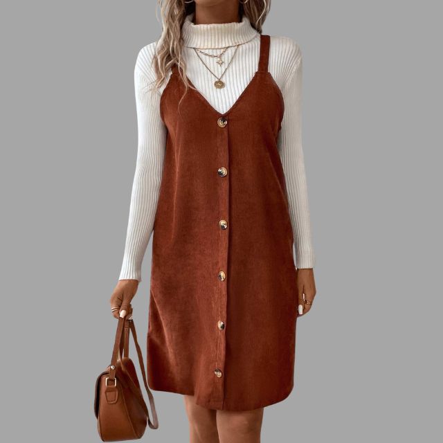 V-Neck Corduroy Dress with Strap and Button Details