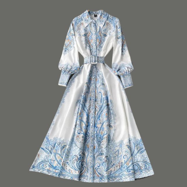 Floral Print A-Line Dress with Folded Collar and Belt
