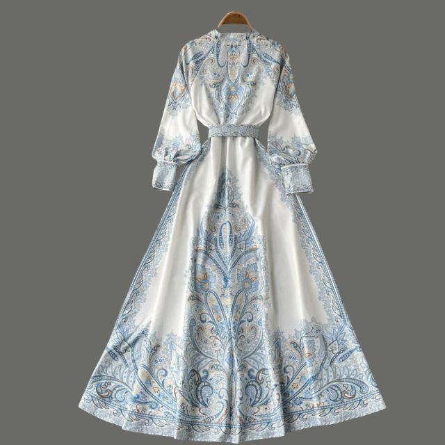Floral Print A-Line Dress with Folded Collar and Belt