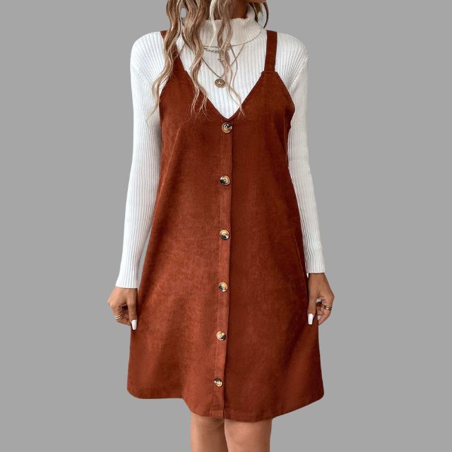 V-Neck Corduroy Dress with Strap and Button Details