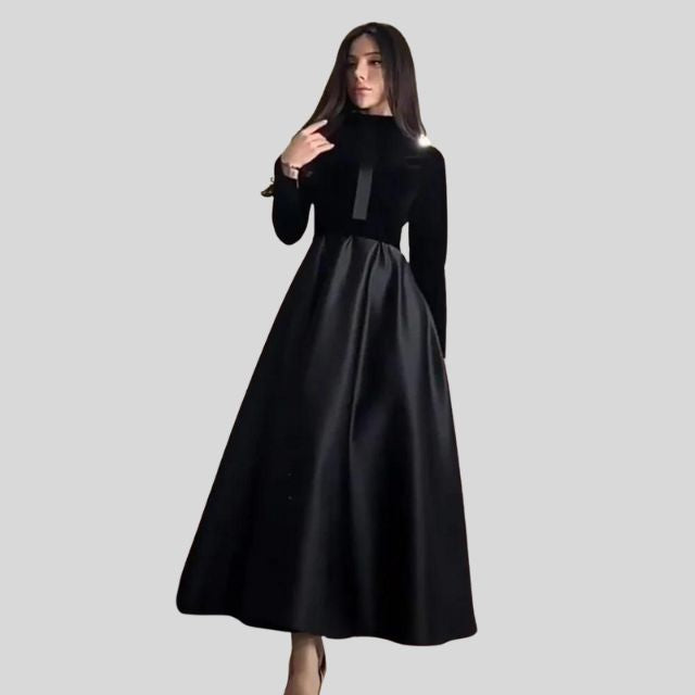 Floor-Length Velvet Turtleneck Dress with Flared Hem