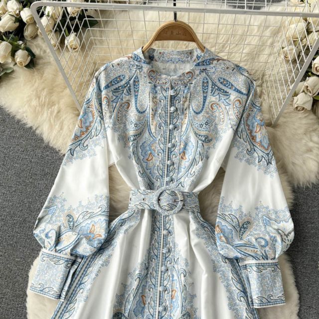 Floral Print A-Line Dress with Folded Collar and Belt