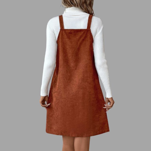 V-Neck Corduroy Dress with Strap and Button Details