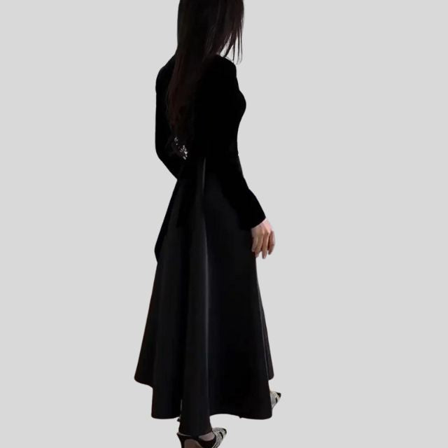 Floor-Length Velvet Turtleneck Dress with Flared Hem