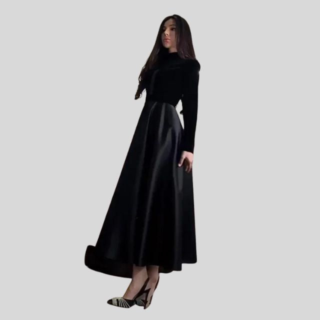 Floor-Length Velvet Turtleneck Dress with Flared Hem