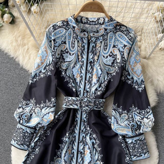 Floral Print A-Line Dress with Folded Collar and Belt