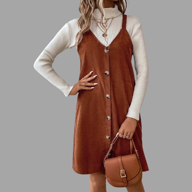 Strap-Detail V-Neck Corduroy Dress with Button Accents