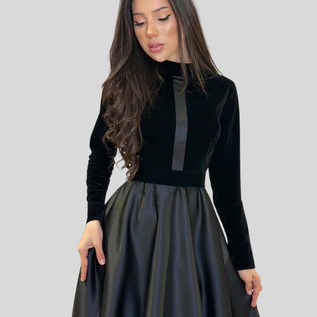 Floor-Length Velvet Turtleneck Dress with Flared Hem