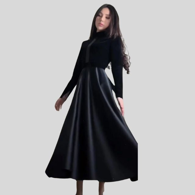 Floor-Length Velvet Turtleneck Dress with Flared Hem