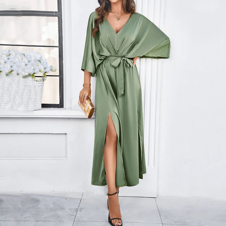 Taupe Belted Wrap Dress with an Adjustable Tie Waist